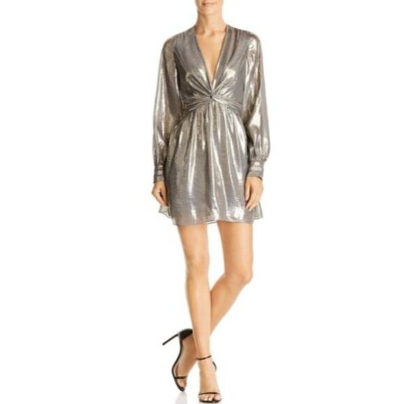 Ramy Brook Gold Metallic Silk Long Sleeve Mini Dress 2 - Picture 1 of 8